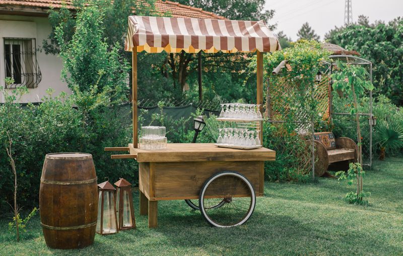 Rustic wood drink cart outdoors